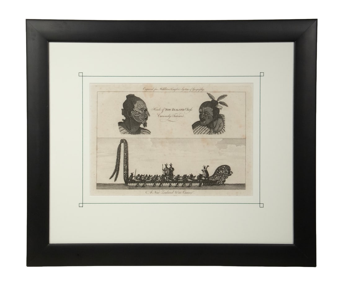 CIRCA 1780 ENGRAVING OF NEW ZEALAND CHIEFS & WAR CANOE (1 of 3)