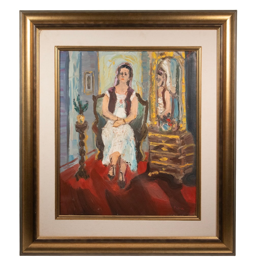 YITZHAK FRENKEL-FRENEL (ISRAEL/UKRAINE, 1899-1981): YITZHAK FRENKEL-FRENEL (ISRAEL/UKRAINE, 1899-1981) Woman in a White Dress, impasto oil on canvas, signed lower right, in gold molded frame with linen liner. OS: 32 x 28 x 1 3/4 in. (81.3 x 71.1 x 4.4 