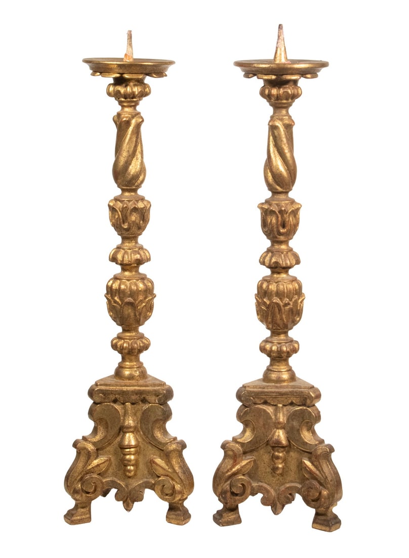 PR ITALIAN GILDED WOOD PRICKET CANDLESTICKS (1 of 1)