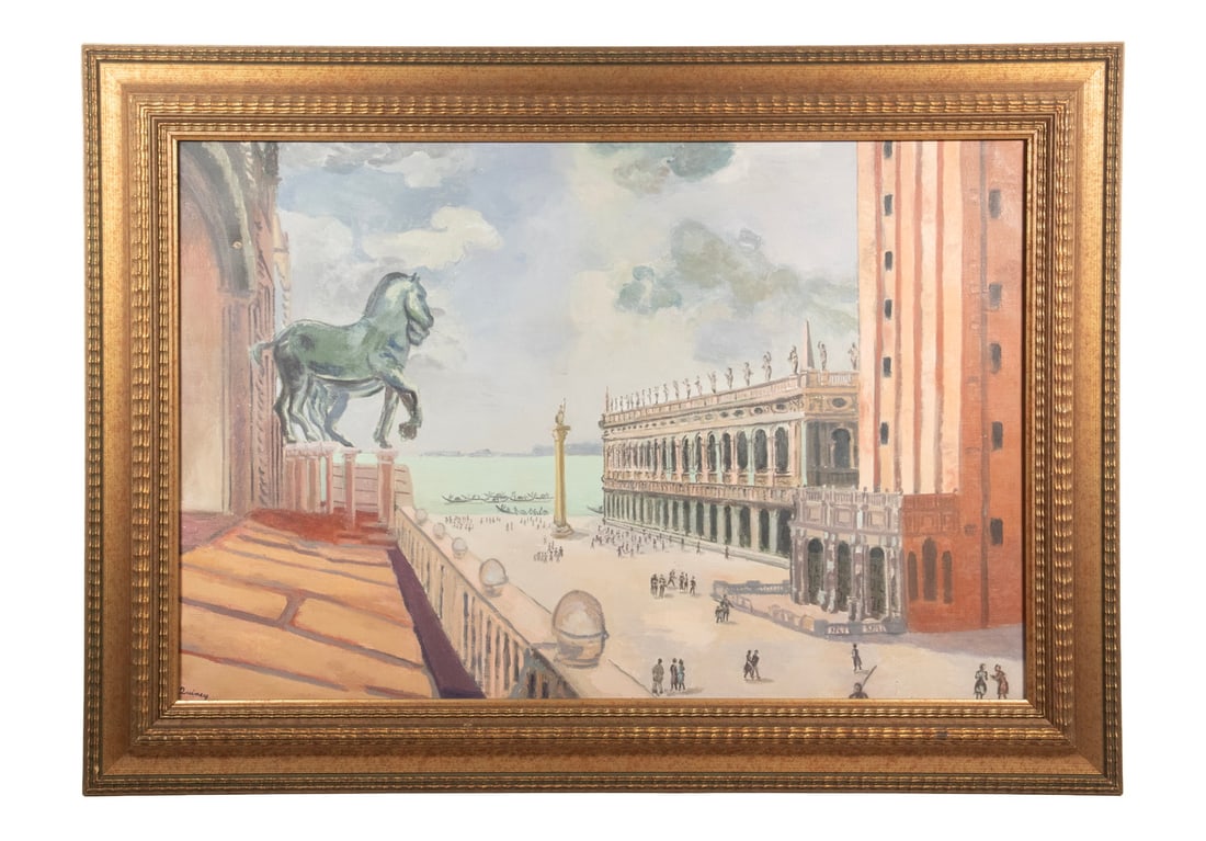 EDMUND QUINCY (MA/ITALY,1903-1997): EDMUND QUINCY (MA/ITALY,1903-1997) "Piazetta di Sam Marco, Vemezia", oil on canvas, signed lower left, titled verso, in gilt rippled frame. Edmund Quincy was born in Biarritz, France. Edmund graduated