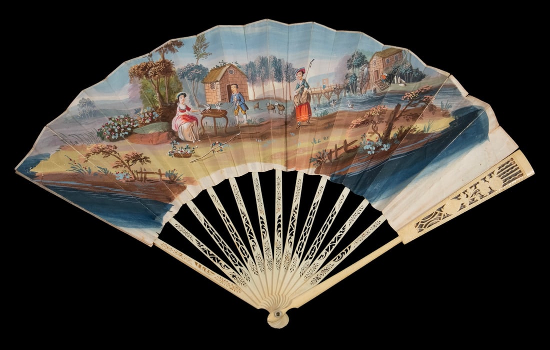 EARLY 19TH C. ITALIAN IVORY HAND FAN, NICHOLS FAMILY: Y EARLY 19TH C. ITALIAN IVORY HAND FAN, NICHOLS FAMILY Shaped and pierced guard, painted with simple provencial cottage in open landscape, having original papier mache box. For the wedding of Susannah
