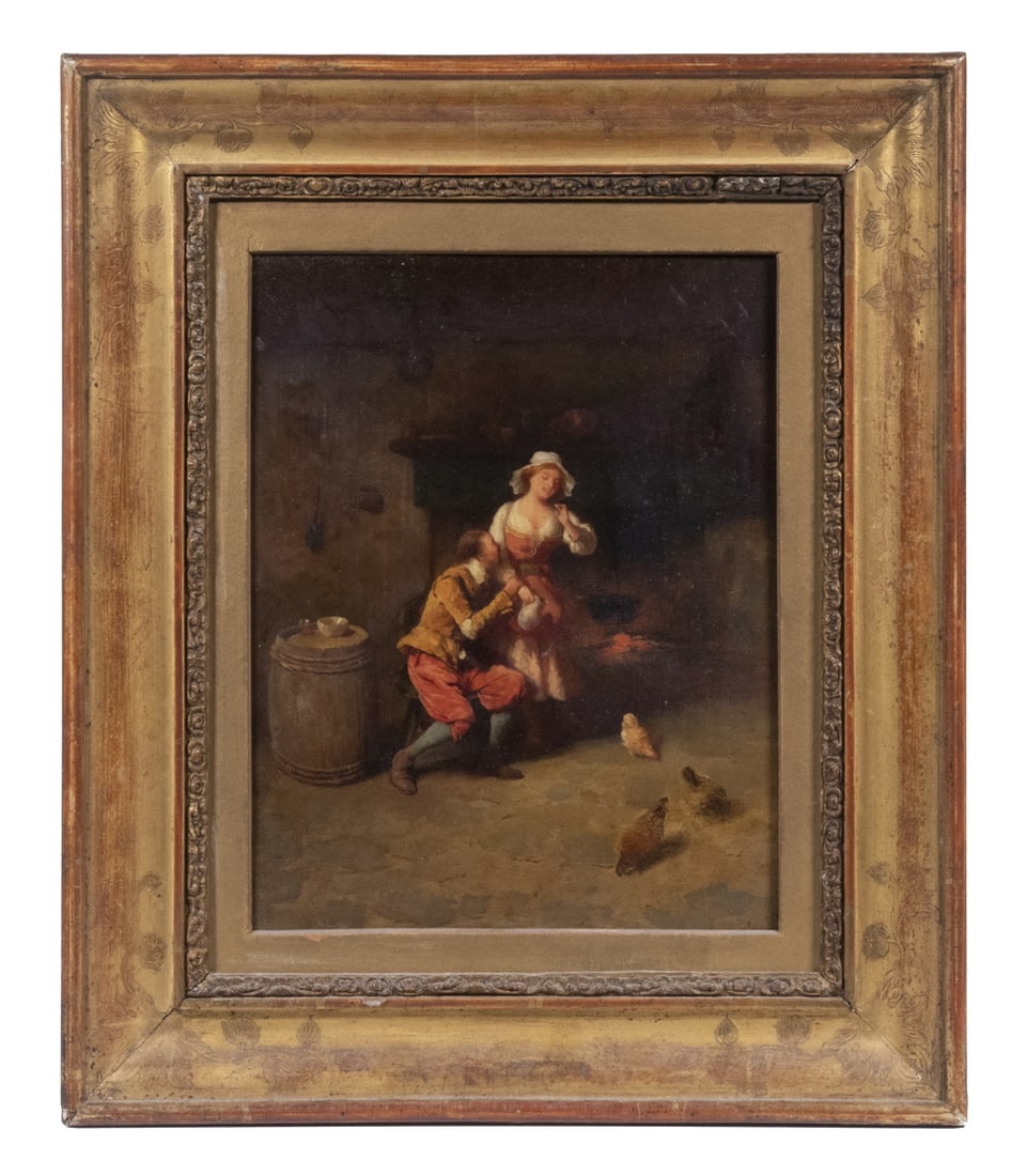 GUGLIELMO INNOCENTI (ITALY, 1871-1961): GUGLIELMO INNOCENTI (ITALY, 1871-1961) "The Coquette," oil on copper, unsigned, depicting a diminutive man imploring a buxom tavern maiden, housed in a handsome original sgraffito gilt frame. Good con