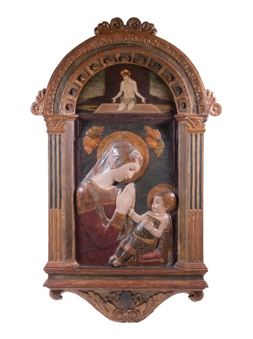 FLORENTINE RELIEF STUCCO OF THE MADONNA AND CHILD, FOLLOWER OF DONATELLO (1386-1466): FLORENTINE RELIEF STUCCO OF THE MADONNA AND CHILD, FOLLOWER OF DONATELLO (1386-1466) Tabernacle of the Virgin and Child with Two Cherubs, Christ of Sorrow above in the lunette top, relief in painted s