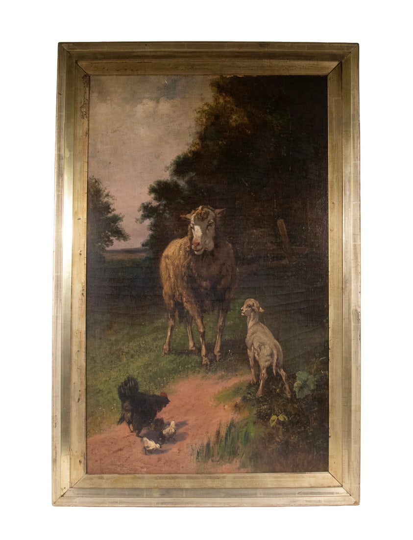 ERNST ADOLF MEISSNER (GERMANY/ITALY, 1837-1902): ERNST ADOLF MEISSNER (GERMANY/ITALY, 1837-1902) Pastoral Landscape of Ewe and Lamb meeting Chicken and Chicks on path, oil on canvas, signed lower right and dated 1884, in period gilt mitered frame. F