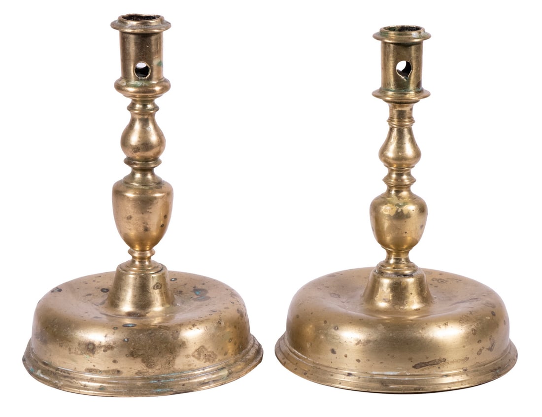 PAIR OF 17TH C. SPANISH BRASS CANDLESTICKS (1 of 3)