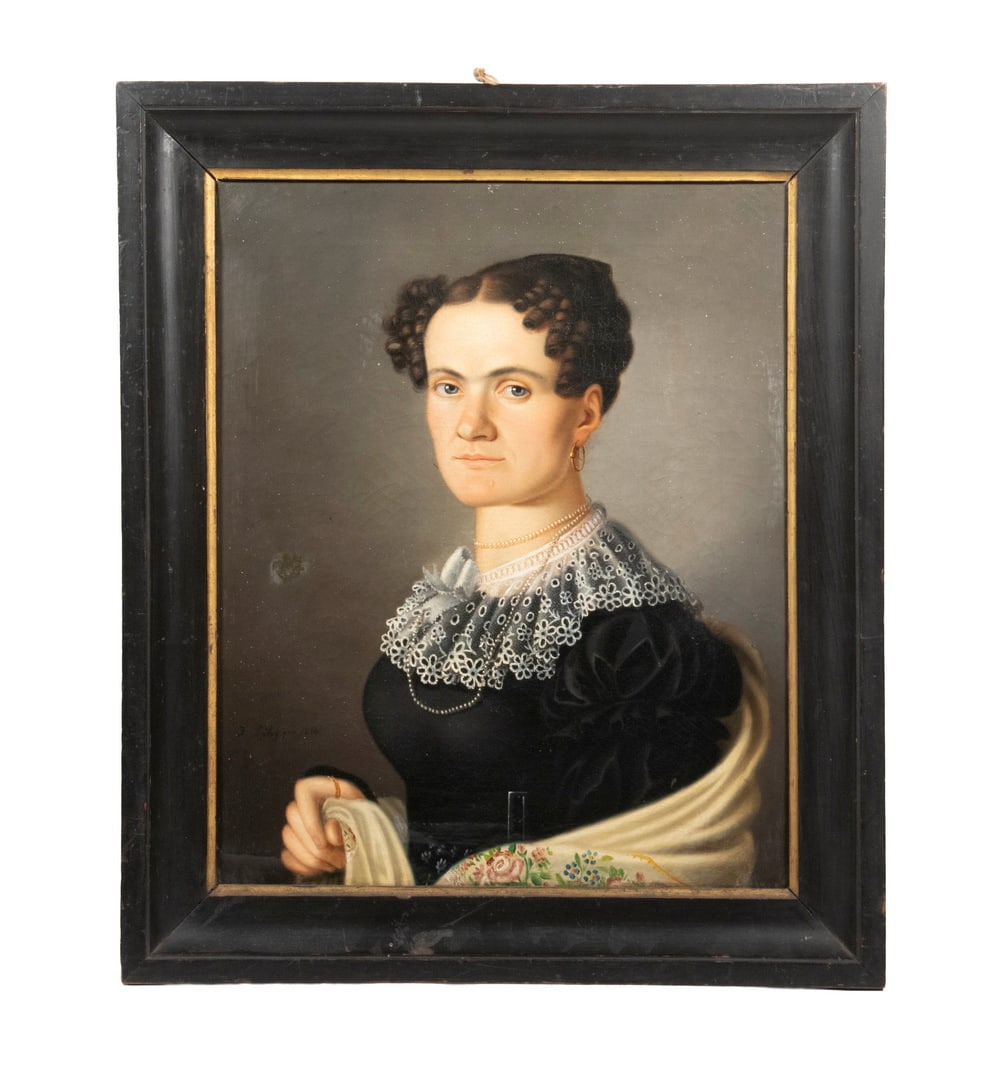 MID-19TH C PORTRAIT OF WOMAN, PROBABLY SWISS: MID-19TH C PORTRAIT OF WOMAN, PROBABLY SWISS Young Woman with black curly hair and square jawline, possibly Swiss, in black dress with Swiss lace collar, beaded necklace and floral silk shawl, oil on