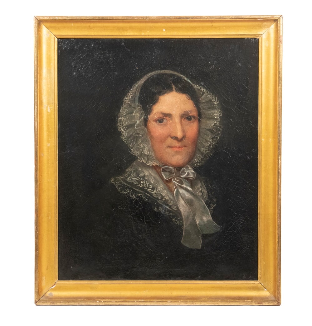 CIRCA 1860 PORTRAIT OF WOMAN, PROBABLY SWISS: CIRCA 1860 PORTRAIT OF WOMAN, PROBABLY SWISS Middle Aged Woman with black wavy hair, in black dress, possibly Swiss, wearing Swiss lace collar and bonnet, with large bow under her chin. Oil on