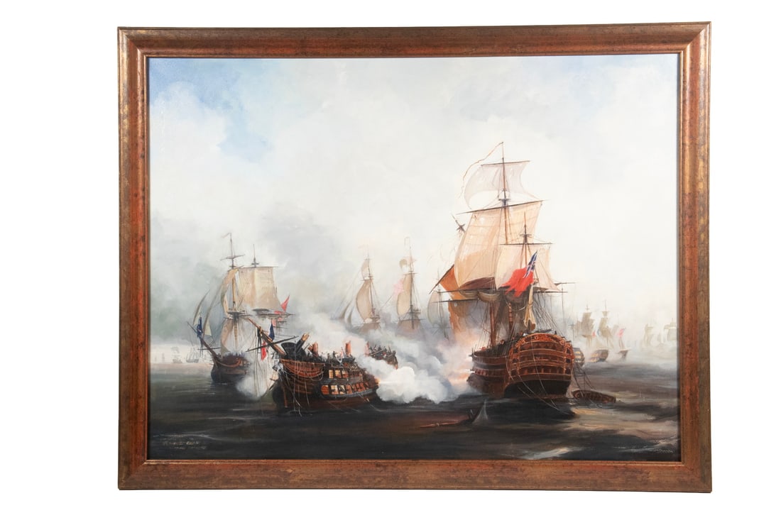 19TH C. PAINTING OF NAVAL BATTLE: 19TH C. PAINTING OF NAVAL BATTLE Battle of Trafalgar, Nelson Crosses the French T. Oil on linen, possible obliterated signature lower left, in dull gold ogee frame. Relined. OS: 26 x 33 x 1 1/4 in.