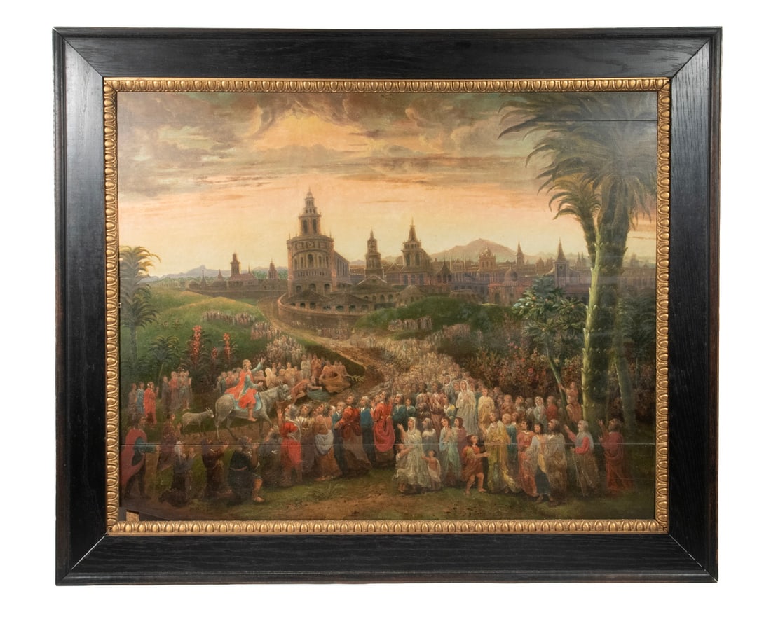 17TH C. BIRDSEYE VIEW OF PALM SUNDAY PROCESSION: 17TH C. BIRDSEYE VIEW OF PALM SUNDAY PROCESSION A very imaginative view of Christ's arrival at the gate to a burgeoning Jerusalem of towers and palm trees, threading a massive crowd on burro, with ide