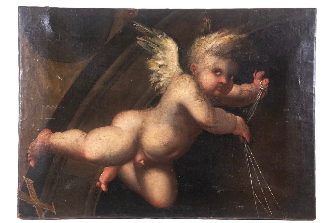 EARLY 18TH C. PAINTING OF CUPID, UNFRAMED: EARLY 18TH C. PAINTING OF CUPID, UNFRAMED Nude Cupid in Flight, pulling heart strings, looking at the viewer coyly, oil on thin canvas, on lap joint stretcher, unsigned, unframed. Stretcher impression