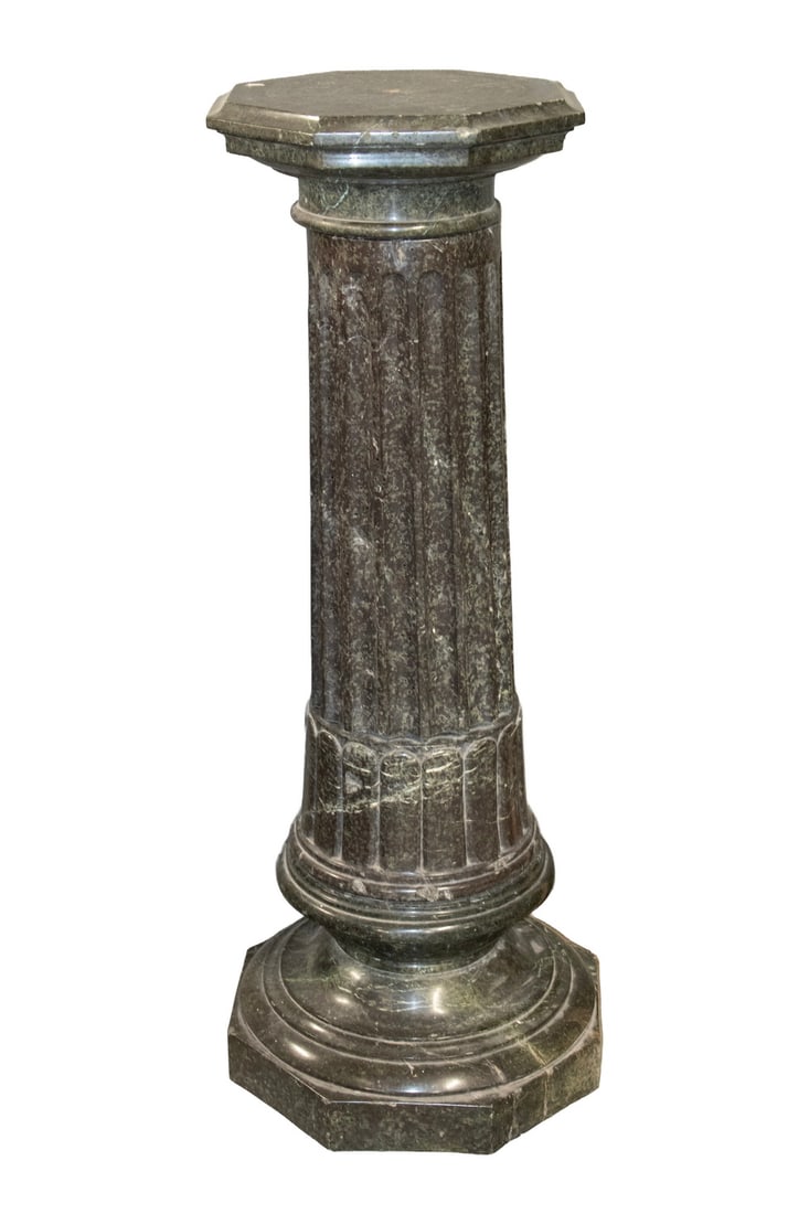 ITALIAN BLACK MARBLE DISPLAY PEDESTAL: ITALIAN BLACK MARBLE DISPLAY PEDESTAL Vintage Column Form Pedestal, with removable beveled edge octagonal top, fluted and lapped pedestal, set on an octagonal base. OS Less Base: 44 x 14 1/2 x 14 1/2 