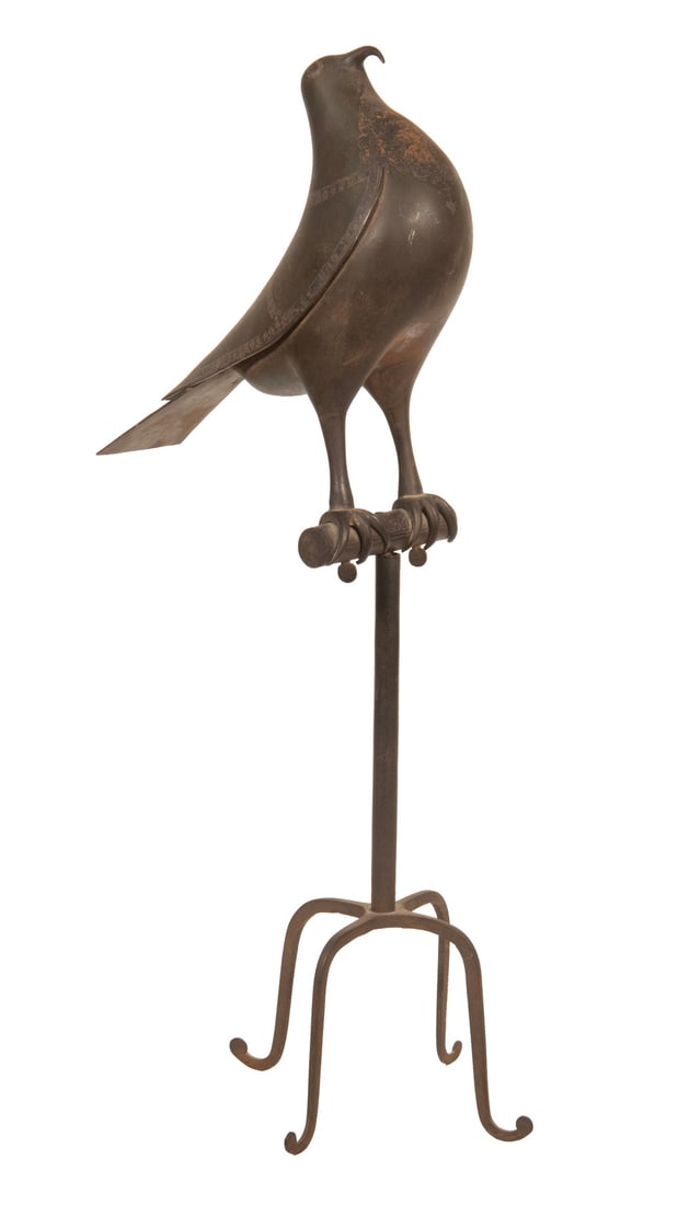 19TH C. PERSIAN SILVER INLAID IRON BIRD ON STAND: 19TH C. PERSIAN SILVER INLAID IRON BIRD ON STAND Qajar Dynasty Damascened Iron Figure of a Bird, perched atop an iron stand, with detailed silver inlay defining the feathers and wings, and with