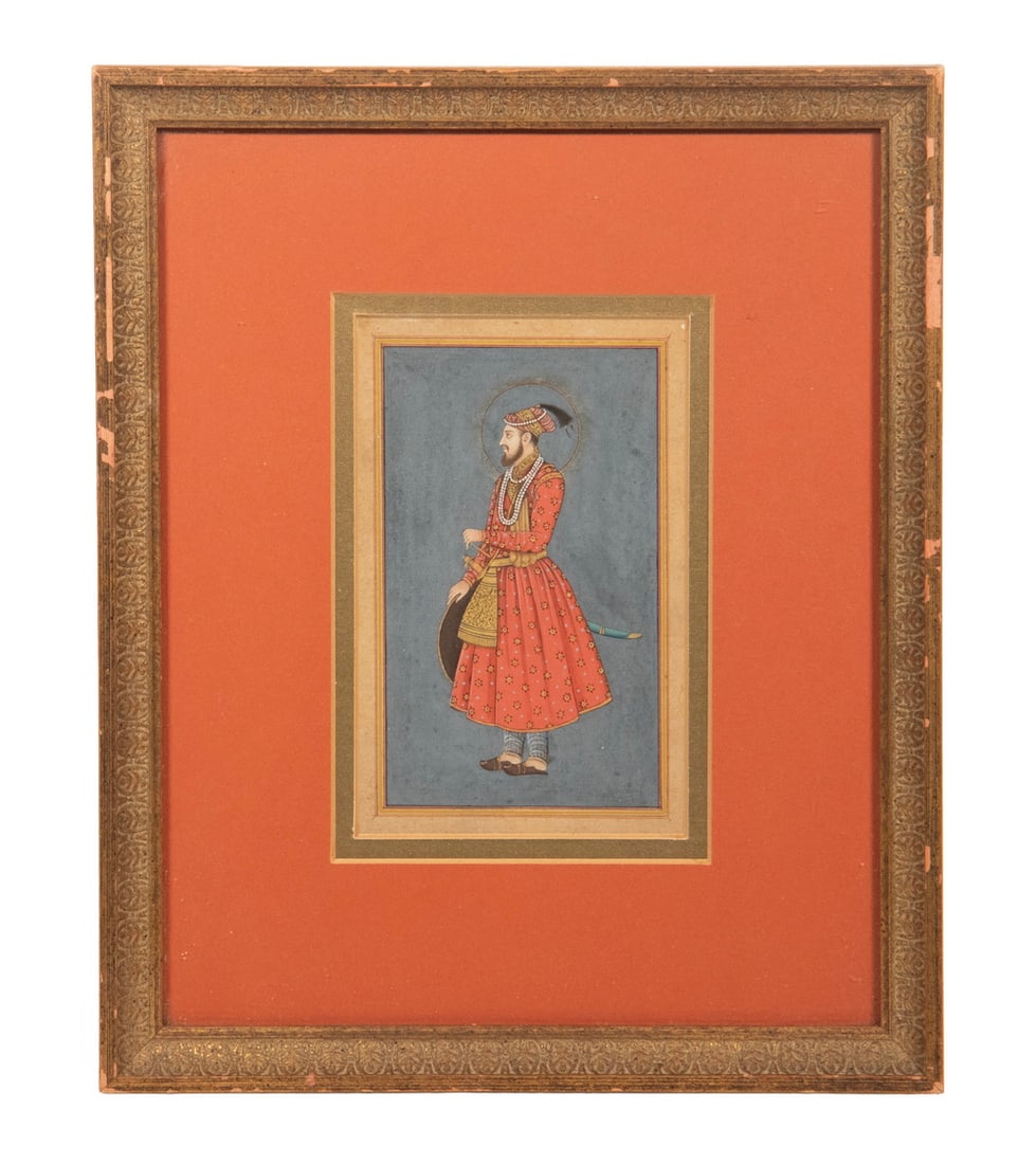 MINIATURE MID-19TH C. INDIAN MUGHAL PAINTING: MINIATURE MID-19TH C. INDIAN MUGHAL PAINTING Profile Portrait of a Standing Warrior Prince with sword and shield, in reed robes set in blue field, gouache on paper in gold cove frame, red mat under