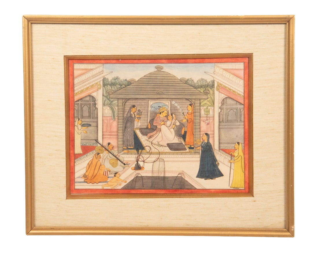 MINIATURE MID-19TH C. INDIAN MUGHAL PAINTING: MINIATURE MID-19TH C. INDIAN MUGHAL PAINTING Lovers in a Palace Veranda, with attendants, gouache on paper, in gold stick frame, linen mat under glass. OS: 10 1/2 x 12 1/2 x 1/4 in. (26.7 x 31.8 x