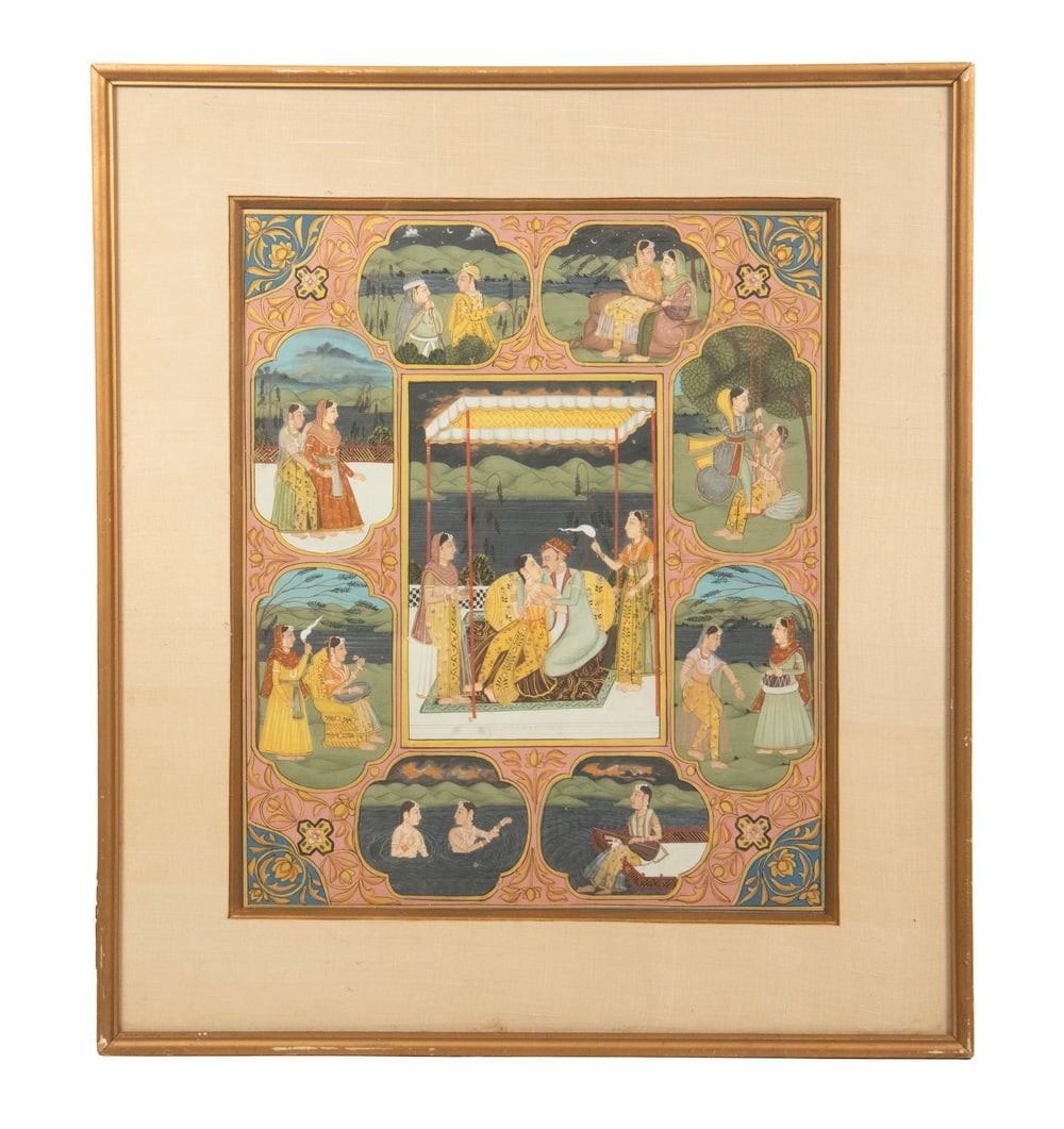 LARGE MID-19TH C. INDIAN MUGHAL PAINTING: LARGE MID-19TH C. INDIAN MUGHAL PAINTING Newlyweds under canopy at center, surrounded by eight vignettes depicting his wife being educated in style of living, gouache on paper, in gold stick frame,