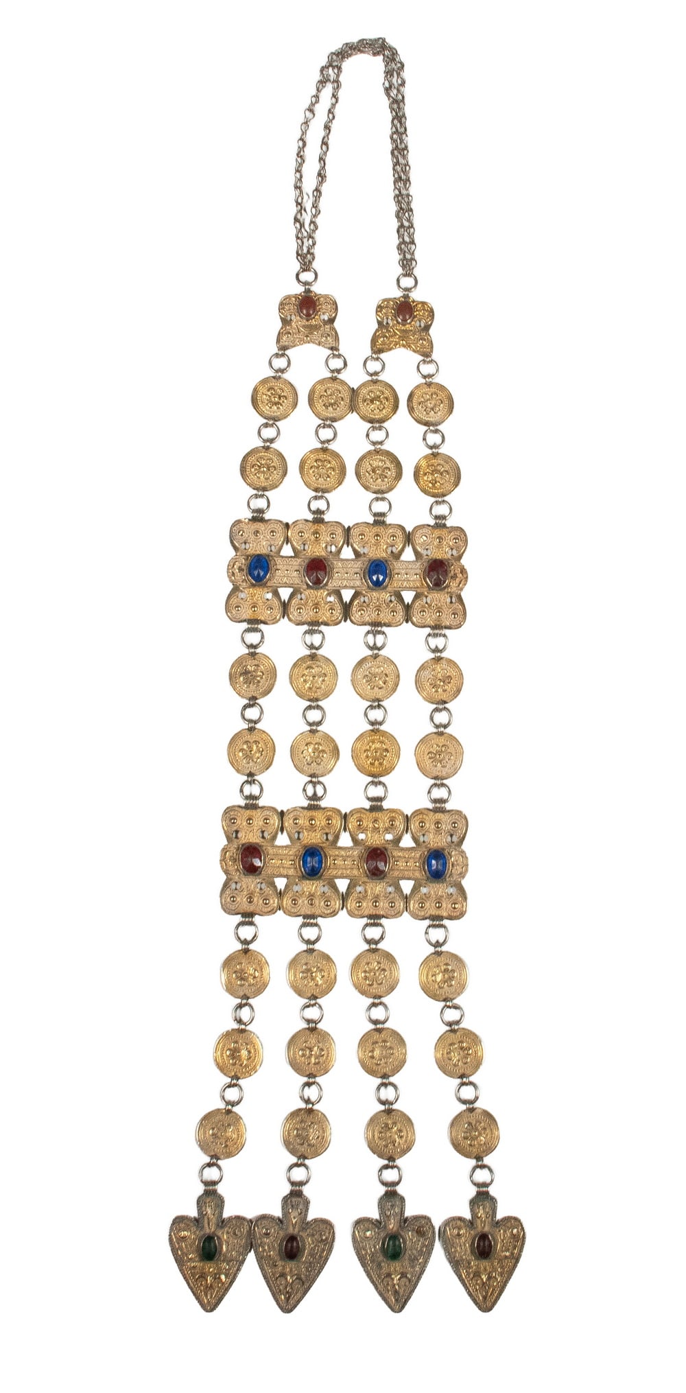 TURKOMAN SILVER AND GLASS DANGLE NECK ORNAMENT: TURKOMAN SILVER AND GLASS DANGLE NECK ORNAMENT A Central Asian Turkoman silver neck ornament composed of linked chain elements suspending a series of decorative panels with applied and stamped