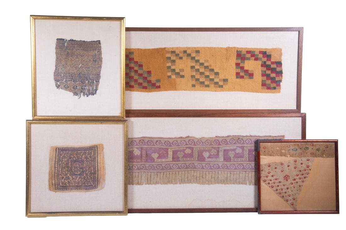 (8) PERUVIAN TEXTILES & (2) COPTIC, FRAMED: (8) PERUVIAN TEXTILES & (2) COPTIC, FRAMED Including: (3) Long Peruvian Mantle Trims, Tiahunaco, 20th - 12th c., Chancy, 1200-1400, 8" x 26" to 12" x 30"; PLUS Medium Sized Late Paraeas crca 800 &