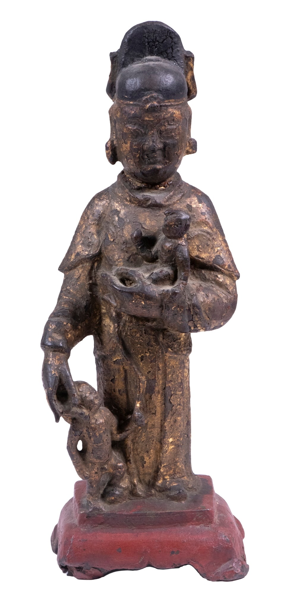 17TH C CHINESE BUDDHA WITH TWO CHILDREN: 17TH C CHINESE BUDDHA WITH TWO CHILDREN Standing Crowned Buddha with Two Children, painted and gilt, on integral platform. Height: 10 in. (25.4 cm.)