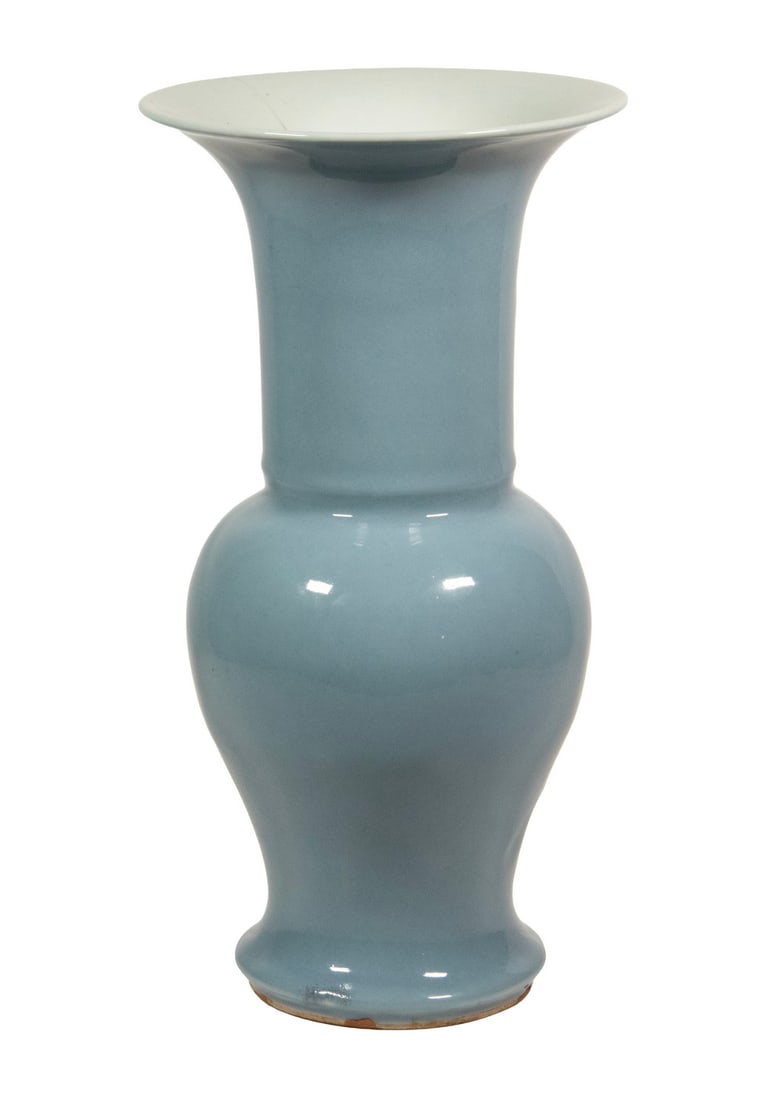 CHINESE CLAIR-DE-LUNE GLAZED PHOENIX TAIL VASE, 19TH CENTURY: CHINESE CLAIR-DE-LUNE GLAZED PHOENIX TAIL VASE, 19TH CENTURY A Chinese porcelain phoenix tail vase of elongated baluster form with flaring trumpet neck, covered in a pale sky-blue glaze. With two