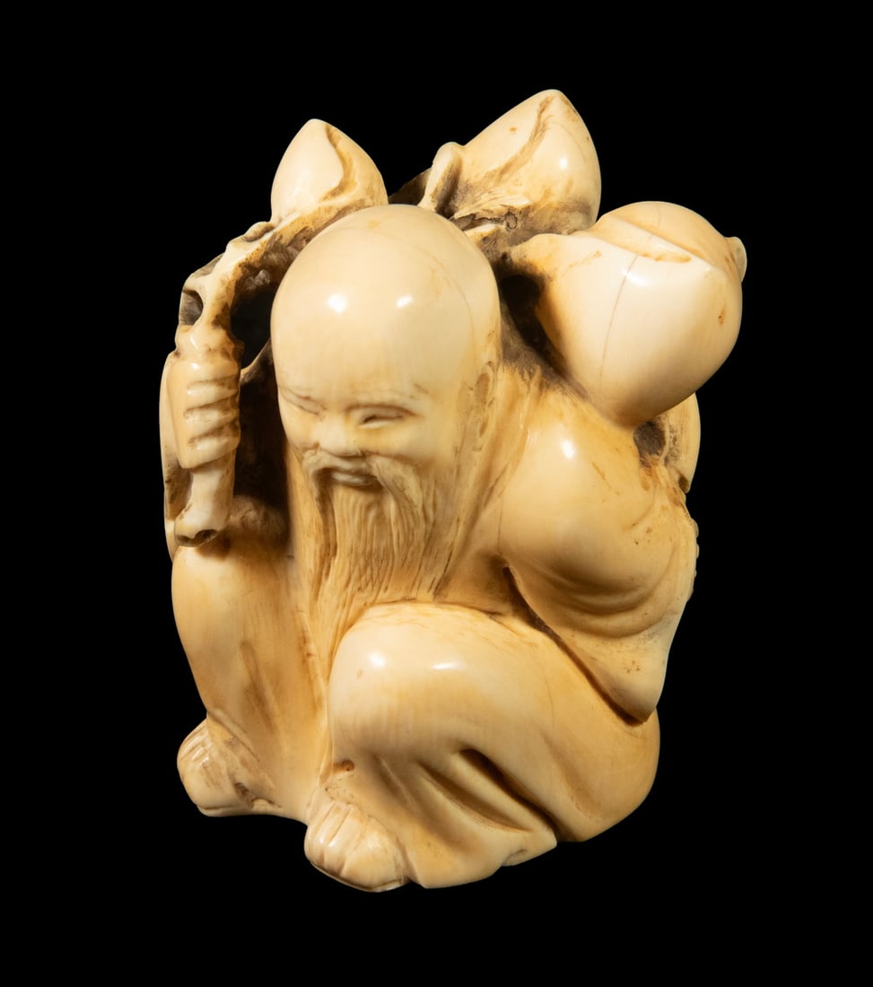 CHINESE QING IVORY FIGURE OF IMMORTAL: Y CHINESE QING IVORY FIGURE OF IMMORTAL 19th c. Seated Immortal with oversized branch of plums, a propitious symbol. OS: 3 x 2 1/2 x 2 in. (7.6 x 6.4 x 5.1 cm.) CITES is a multilateral treaty to