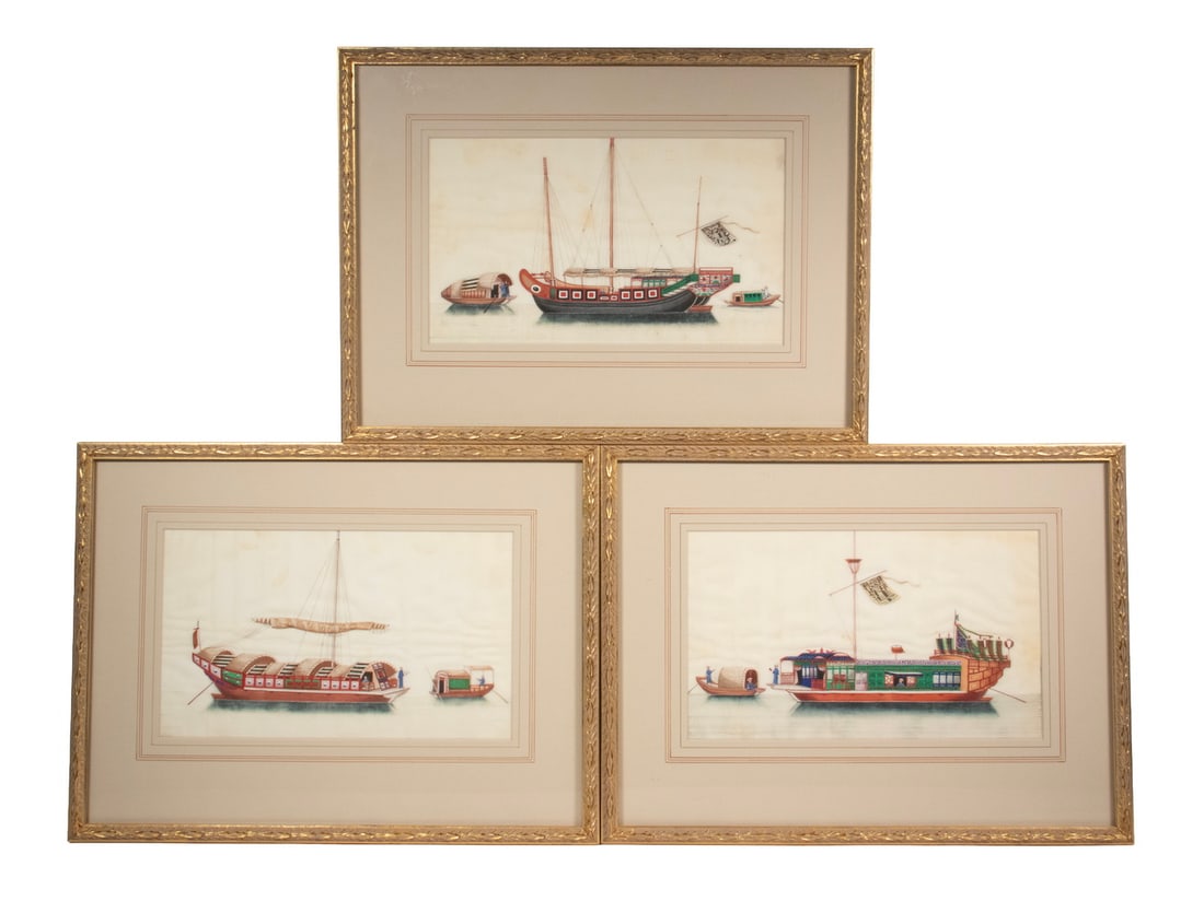 (3) CHINESE EXPORT PITH PAPER PAINTINGS OF FIGURAL BOATS AND PROCESSIONAL SCENES: (3) CHINESE EXPORT PITH PAPER PAINTINGS OF FIGURAL BOATS AND PROCESSIONAL SCENES A group of three Chinese export pith paper paintings depicting elaborately decorated river vessels, including scholar a