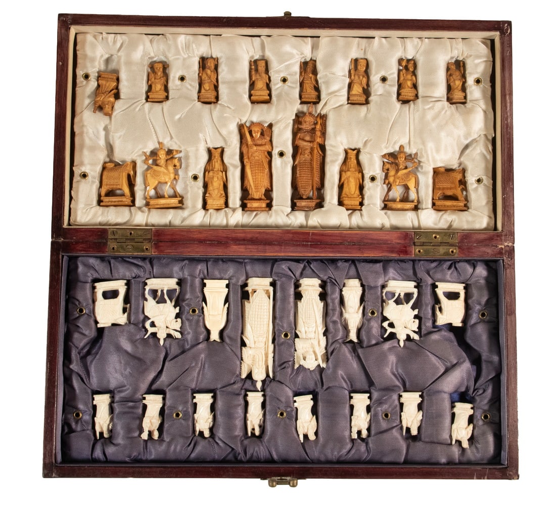 CHINESE EXPORT CARVED IVORY FIGURAL CHESS SET IN BOARD BOX (1 of 4)