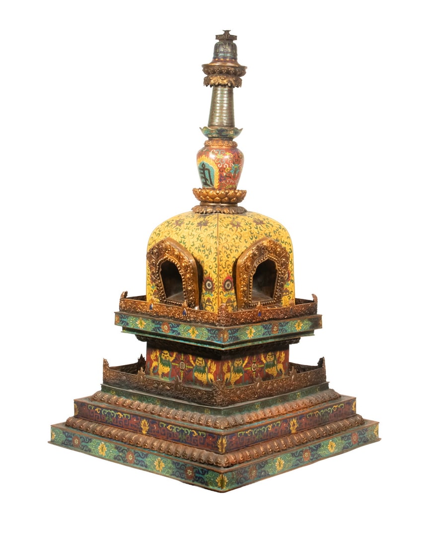 LARGE TIBETAN CLOISONNE TWO-PART STUPA: LARGE TIBETAN CLOISONNE TWO-PART STUPA Shrine with Imperial Yellow Ground, red, aqua and gilt decoration, with floral decoration, pairs of Qilin, consisting of three diminishing tiers having three emb