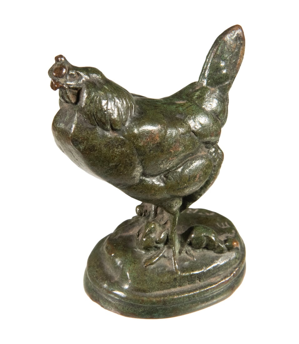 EMANUEL FREMIET (FRANCE, 1824-1910): EMANUEL FREMIET (FRANCE, 1824-1910) Standing Chicken, bronze sculpture, with incised signature to top of base. OS: 2 1/2 x 2 x 1 1/2 in. (6.4 x 5.1 x 3.8 cm.)