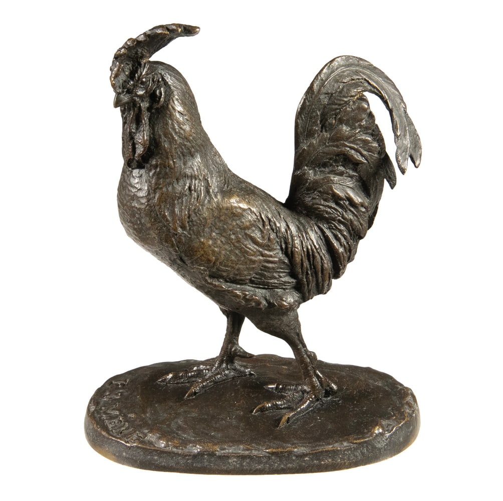 PIERRE JULES MENE (FRANCE, 1810-1879): PIERRE JULES MENE (FRANCE, 1810-1879) Standing Rooster, patinated bronze sculpture, incised "PJ Mene" at top of base edge. OS: 5 1/2 x 4 1/4 x 2 1/2 in. (14 x 10.8 x 6.4 cm.)