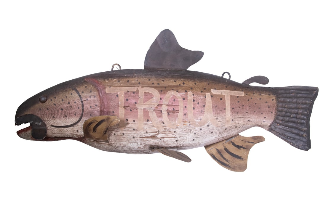 LARGE CARVED WOODEN TROUT TRADE SIGN, STAMPED F&S (1 of 1)