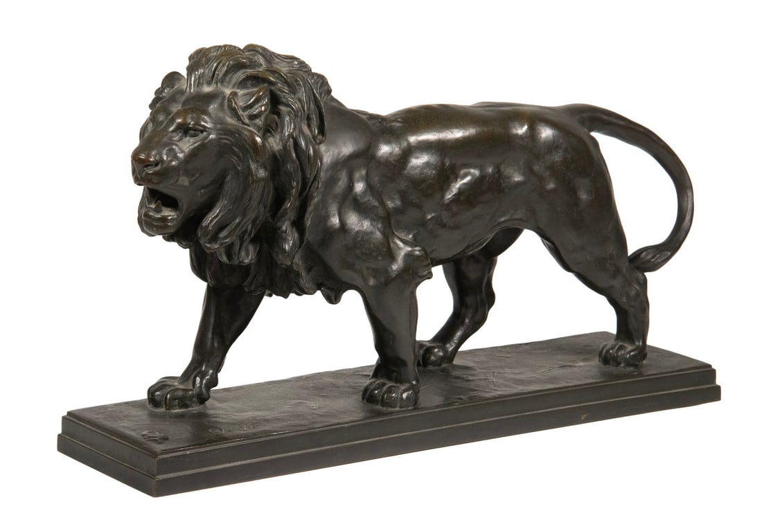 ANTOINE-LOUIS BARYE (FRANCE, 1795-1875): ANTOINE-LOUIS BARYE (FRANCE, 1795-1875) Walking Lion, patinated bronze sculpture, signed "Barye" at top of base, also stamped with F Barbedienne foundry mark, depicting a striding large male lion, mou