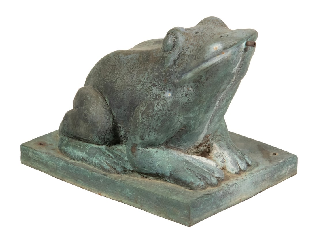 BRONZE BULLFROG GARDEN FOUNTAINHEAD: BRONZE BULLFROG GARDEN FOUNTAINHEAD Large Cast and Patinated Fountain Spout from mouth of frog, the copper tubing with fittings intact. OS: 9 x 8 1/2 x 12 in. (22.9 x 21.6 x 30.5 cm.)