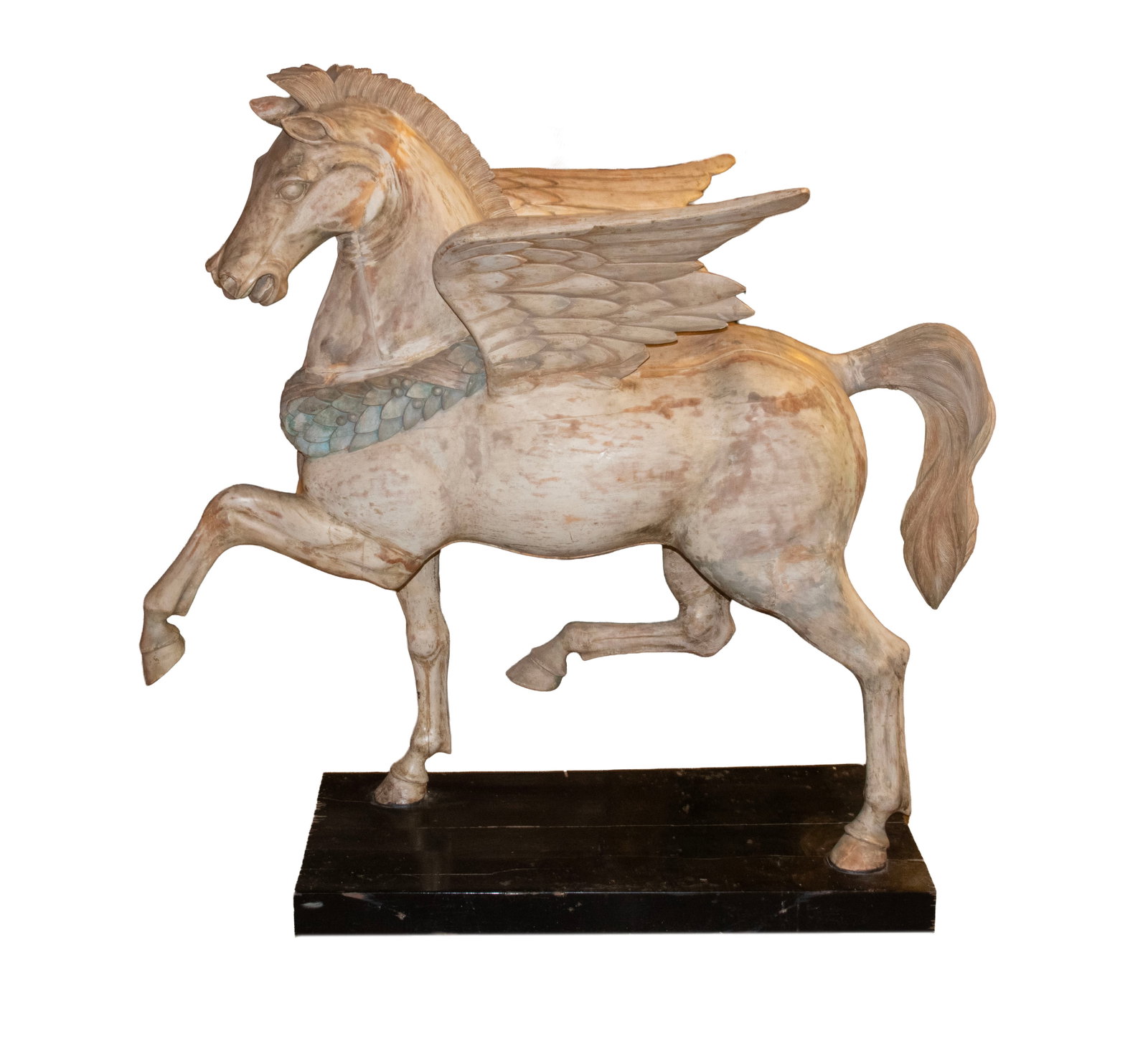 19TH C. CARVED & PAINTED WOOD PEGASUS: 19TH C. CARVED & PAINTED WOOD PEGASUS New Orleans Pegasus with Laurel Wreath Collar, from the studio/home of artist George Valentine Dureau (1930-2014). This large hand carved figure, in remnants of o