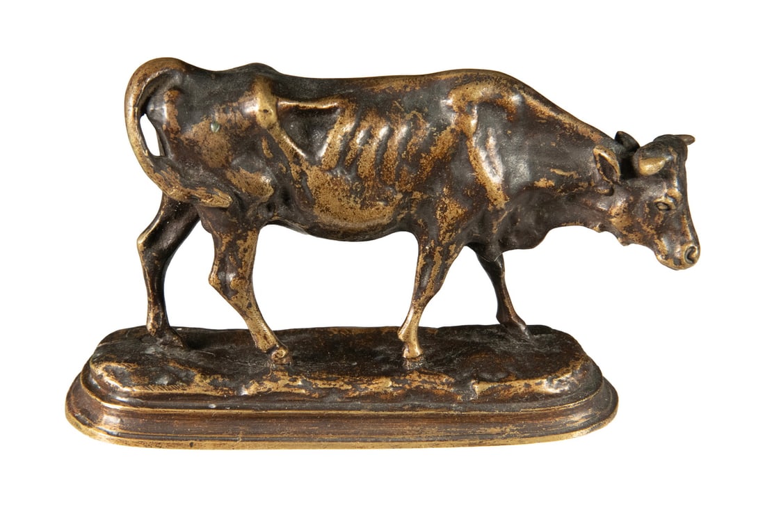 BRONZE COW SCULPTURE: BRONZE COW SCULPTURE Standing Cow, patinated bronze, unsigned. OS: 3 1/4 x 5 1/2 x 1 1/2 in. (8.3 x 14 x 3.8 cm.)