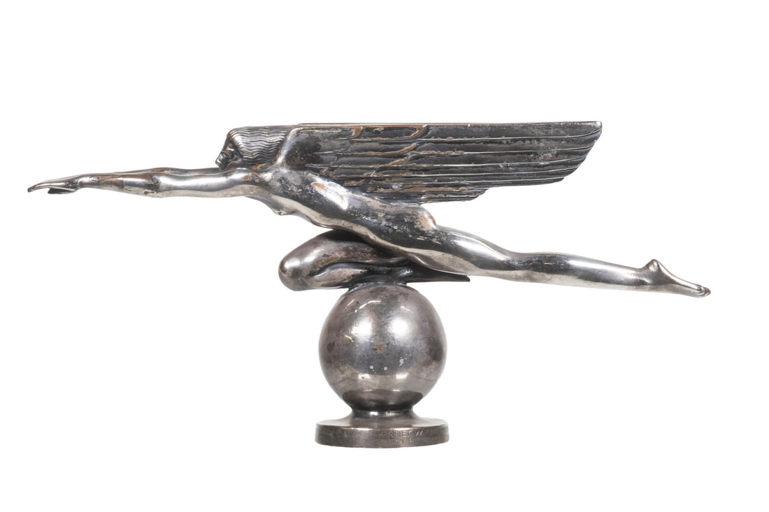 RARE HARRIET WHITNEY FRISHMUTH SPEED CAR MASCOT BY GORHAM: RARE HARRIET WHITNEY FRISHMUTH SPEED CAR MASCOT BY GORHAM "Speed", silver-plated bronze figural hood ornament, designed by sculptor Harriet Frishmuth, 1921, and made by Gorham Co. Founders, stamped wi