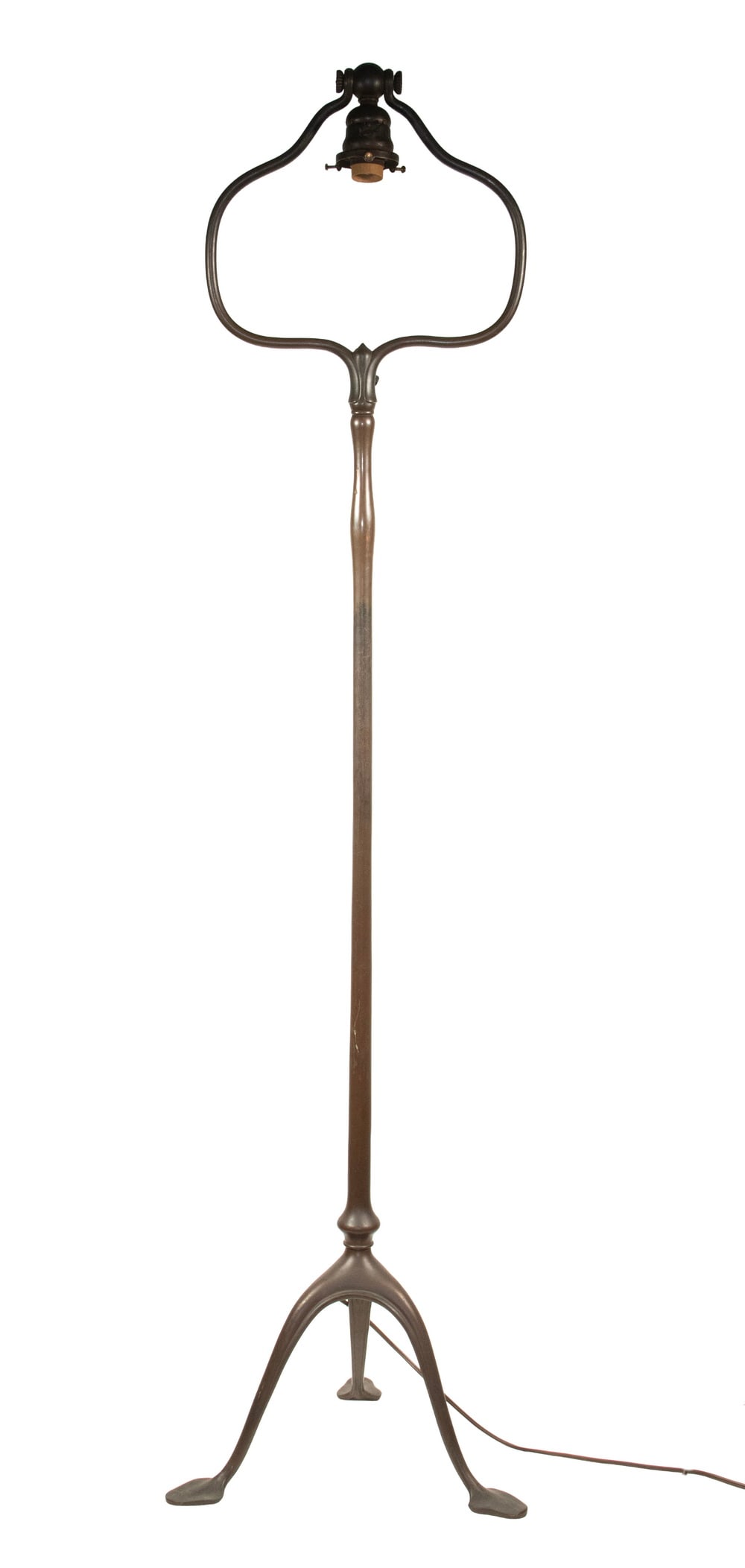 TIFFANY STUDIOS BRONZE HARP FLOOR LAMP BASE: TIFFANY STUDIOS BRONZE HARP FLOOR LAMP BASE Early 20th c. Arts & Crafts Electric Floor Lamp, in patinated bronze, with tripod base, curved legs and spade form feet, single bulb fixture with pivoting s