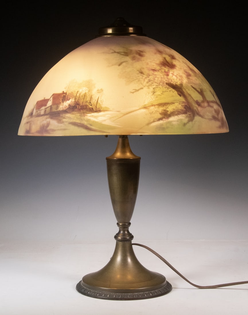 CIRCA 1920 TABLE LAMP WITH REVERSE PAINTED GLASS SHADE (1 of 2)