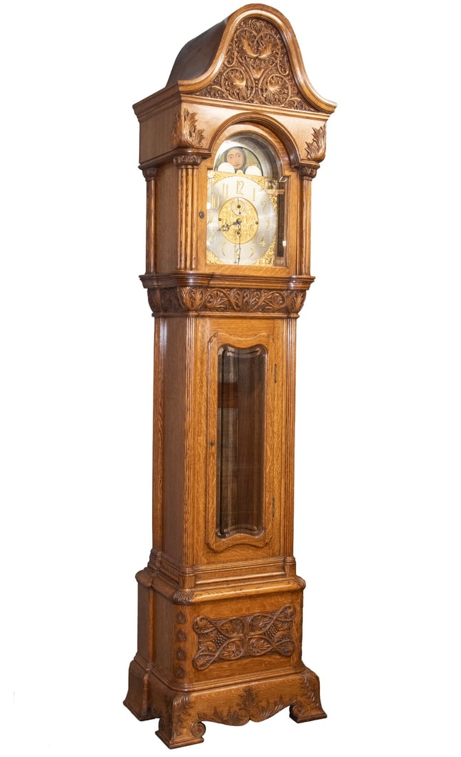 CIRCA 1900 GOLDEN OAK AMERICAN TALLCLOCK W/ CHIMES (1 of 3)