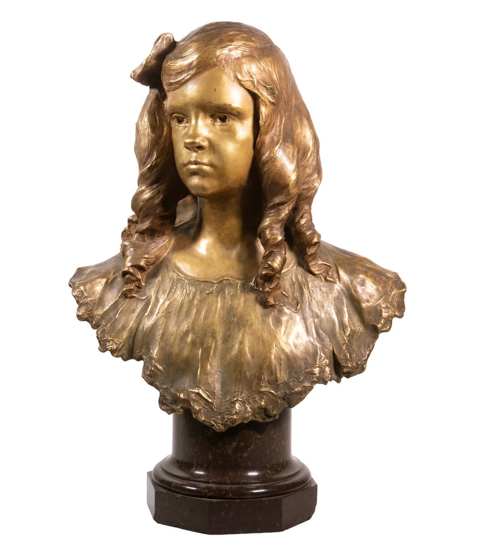 FRANCOIS LEON SICARD (FRANCE, 1862-1934): FRANCOIS LEON SICARD (FRANCE, 1862-1934) Bust of a Young Girl, bronze sculpture, signed on back left shoulder "F. Sicard" and dated 1907, and with the round stamp of Siot-Decauville Foundry, Paris on