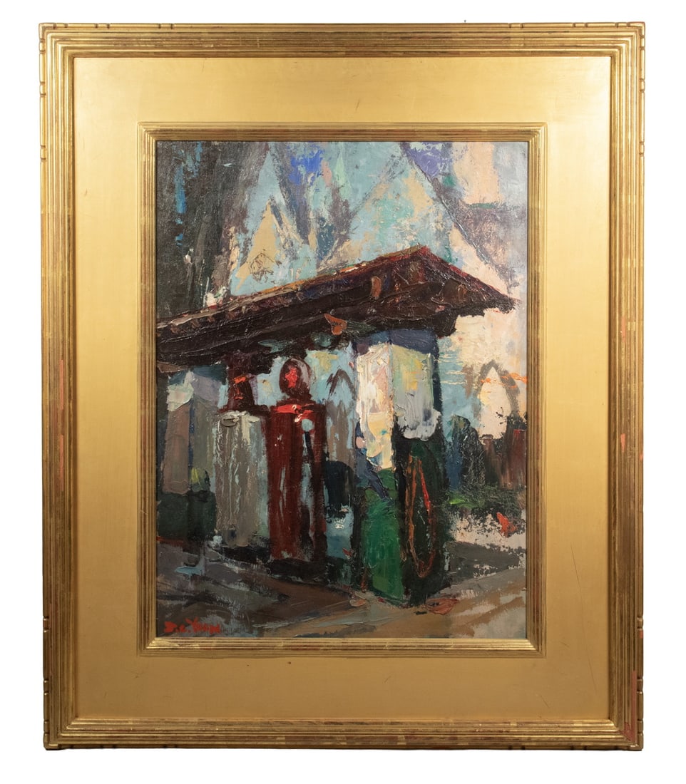 S.C. YUAN (CA, 1911-1974): S.C. YUAN (CA, 1911-1974) Bus Stop, oil on board, signed lower left, 2001 copy of receipt from Masterpiece Gallery for $10,000, in modern gilt molded edge panel frame. OS: 34 1/2 x 28 1/2 x 2 1/2 in.