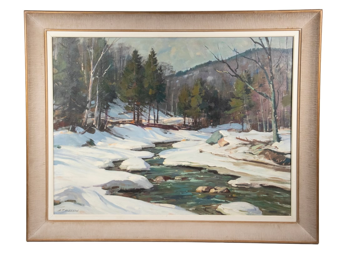 ALDRO T. HIBBARD (MA/VT, 1886-1972): ALDRO T. HIBBARD (MA/VT, 1886-1972) "Early March", a snowy woodland with runoff creek, oil on canvas, signed lower left, titled verso, in dry brushed cove frame with cream liner. OS: 30 x 38 x 2 in.