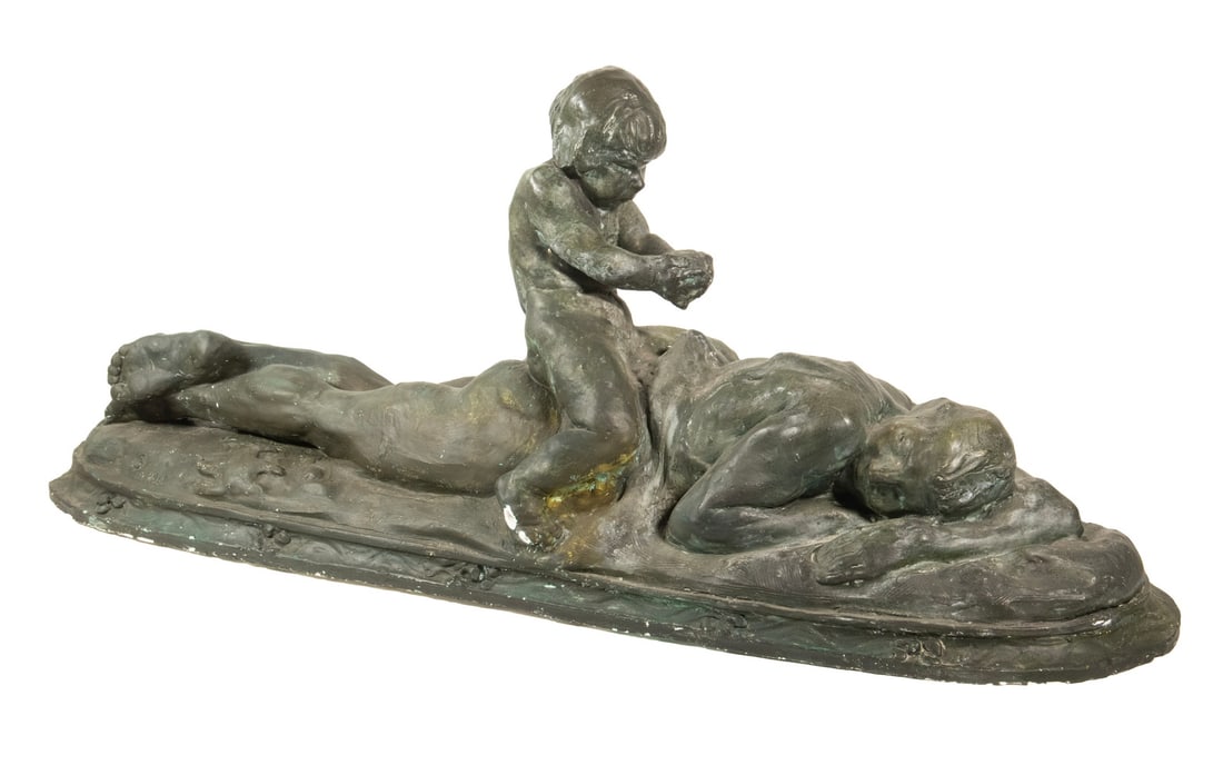 CHESTER BEACH (NY/CA/ITALY. 1881-1956): CHESTER BEACH (NY/CA/ITALY. 1881-1956) Bronze Painted Plaster Maquette, depicting a young son sitting on back of his sleeping prone father on the beach, the child's footprints in the sand lending a