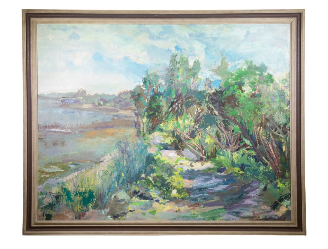 GRETNA CAMPBELL (NY, 1922-1987): HAROLD C. WOLCOTT (CT/NY, 1898-1977) "Self-Portrait", oil on canvas, signed upper left, depicting the artist in his studio, turning to look at the viewer, signed verso and marked with his village of S