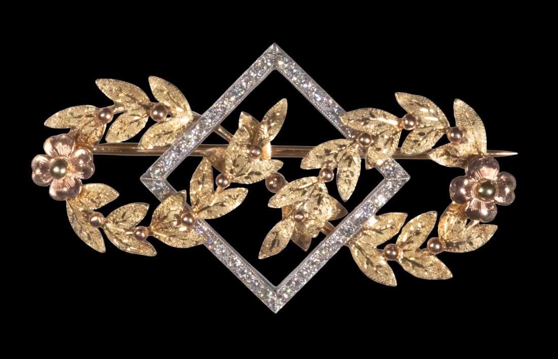 14K MULTI-COLOR GOLD AND DIAMOND FLORAL BROOCH: JAMALI (INDIA/NY/FL, 1944 - ) Monumental Expressionist Portrait of a Woman, mixed media on canvas, unsigned. In silver panel frame within black shadow line. Samali (born Aqdas Hussain Khan, Pakistan,