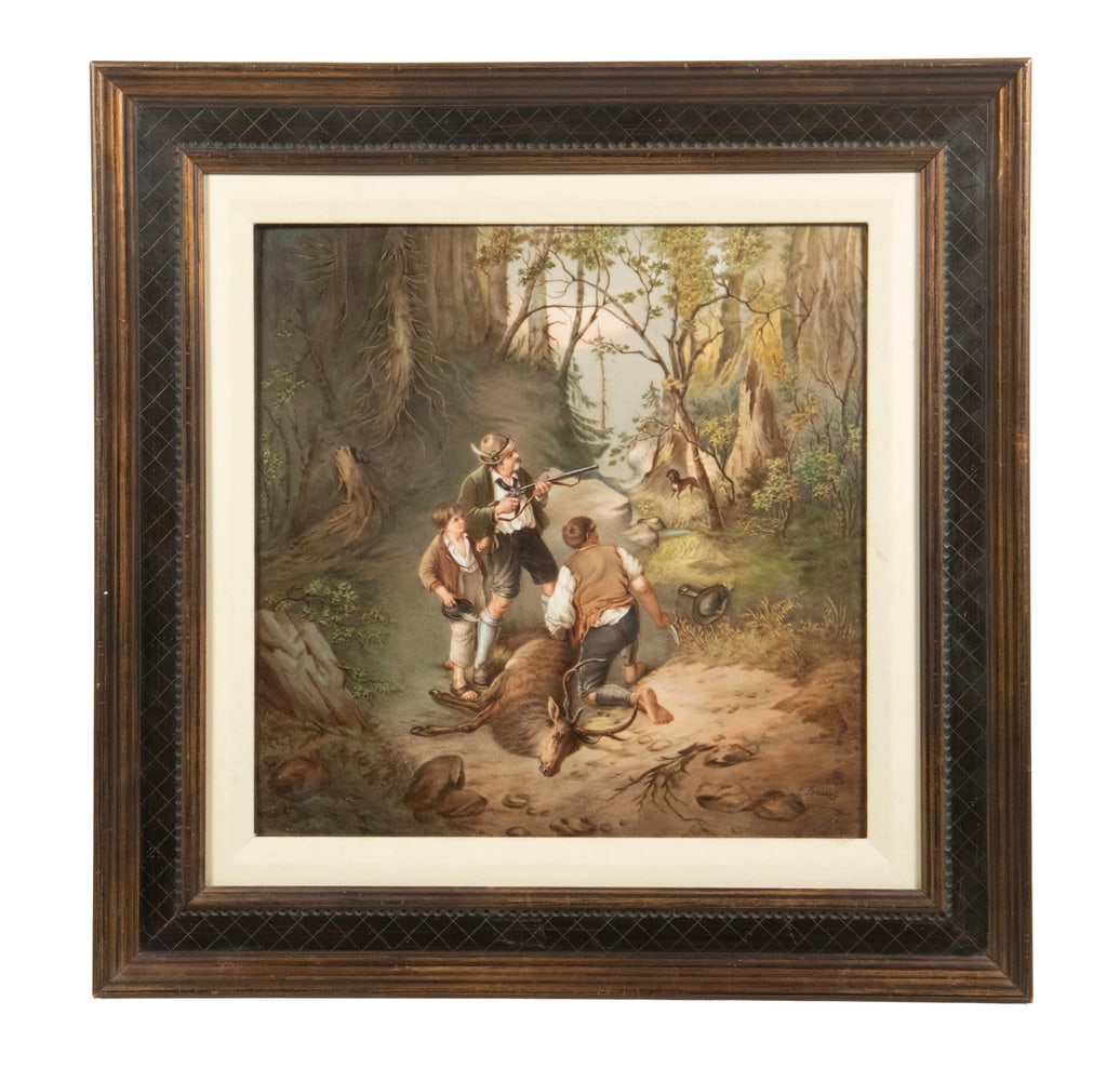 FRAMED FISCHER & MIEG PORCELAIN PLAQUE WITH HUNTING SCENE: WILLIAM THON (ME/NY/ITALY, 1906-2000) Double-Sided Watercolor on paper, done while in Rome in the mid-1950's, one side (the front) horizontal format, having Classical Architectural Allusions, the