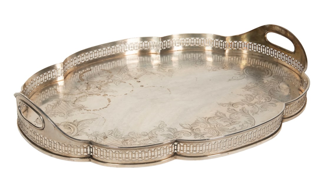 MONUMENTAL RUSSIAN/BALTIC SILVER SERVING TRAY: EMILY MUIR (NY/ME, 1904-2003) "Laundry Day, Stonington," oil on canvas, signed "Emily" lower left. In a channeled old leaf wooden frame. OS: 27 1/2 x 33 1/2 in. (69.9 x 85.1 cm.), SS: 19 1/2 x 25 1/2