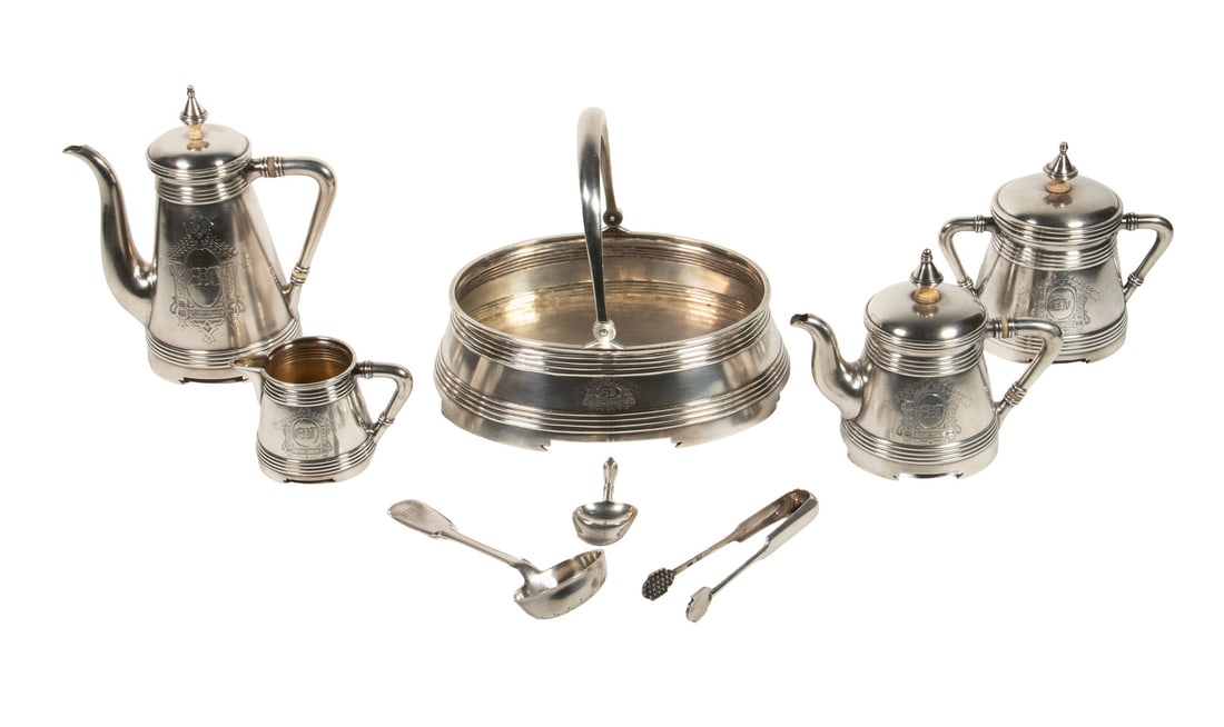 (8 PC) IVAN KHLEBNIKOV RUSSIAN SILVER BEVERAGE SERVICE: ATTRIBUTED TO LOUISE NEVELSON (NY/RUSSIA, 1899-1988) Brutalist Architecture, two-toned cast and patinated bronze, unsigned. Size: 18 x 20 x 24 in. (45.7 x 50.8 x 61 cm.)