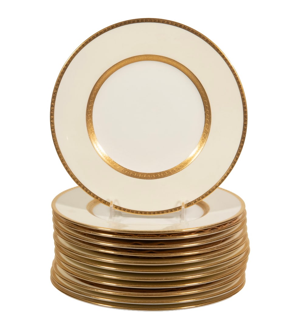 (12) MINTON TIFFANY & CO. GILT RIM DINNER SERVICE PLATES: LARGE POWERS IRISH WHISKEY BAR BACK PANEL Impressive Painted Mahogany Panel merchandising Powers Irish Whiskey, originally from the legendary "O'Leary's Irish Pub" on 8th Ave, NYC and later displayed 