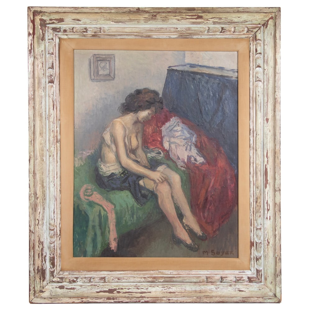 MOSES SOYER (NY, 1899-1974): MOSES SOYER (NY, 1899-1974) "Woman Dressing on Bed", oil on canvas, signed lower right, titled on label verso from ACA Galleries, 629 West 20th St, NYC. In fatigued painted frame with linen liner. OS
