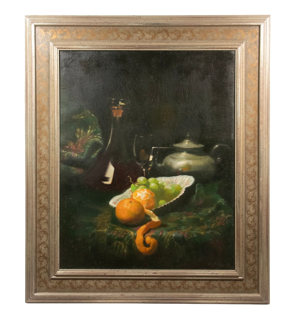 STAN PHILLIPS (NY/MA, 1923-2012): STAN PHILLIPS (NY/MA, 1923-2012) Still Life with Pealed Orange and Grapes, oil on canvas, signed lower right and dated 1980. In silver molded frame with gold stenciled on gray panel. OS: 29 1/2 x 25